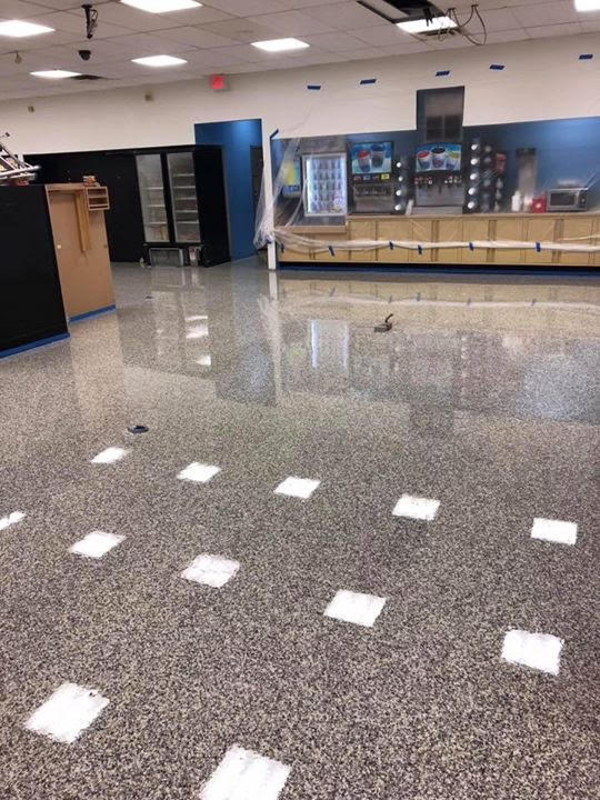 epoxy flooring with flake design, very shiny